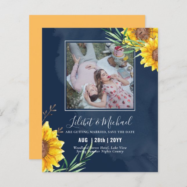 BUDGET Photo Save Date or Wedding Rustic Sunflower (Front/Back)