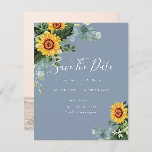 BUDGET  Photo Save Date Rustic SUNFLOWERS Greenery (Front/Back)