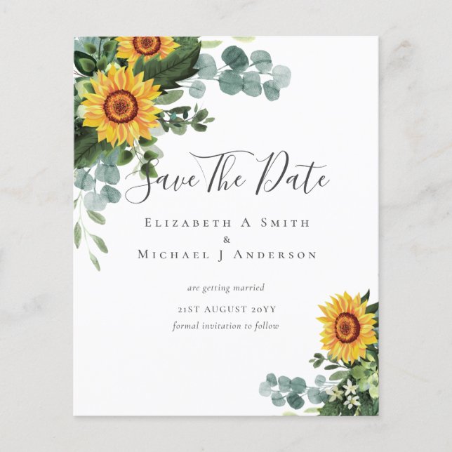 BUDGET  Photo Save Date Rustic SUNFLOWERS Greenery Flyer (Front)