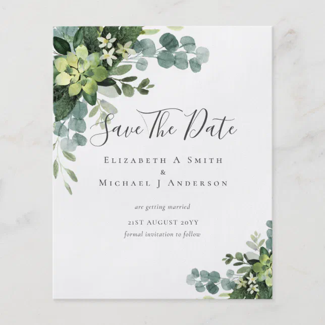 BUDGET Photo Save Dates Eucalyptus Greenery Leaves Flyer | Zazzle