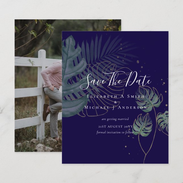 BUDGET Photo SAVE DATES Topical Leaves Gold (Front/Back)