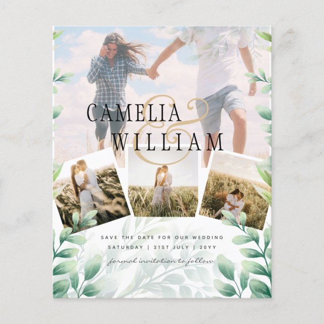 Budget Photo Save the Date Greenery Botanical Flyer (Front)