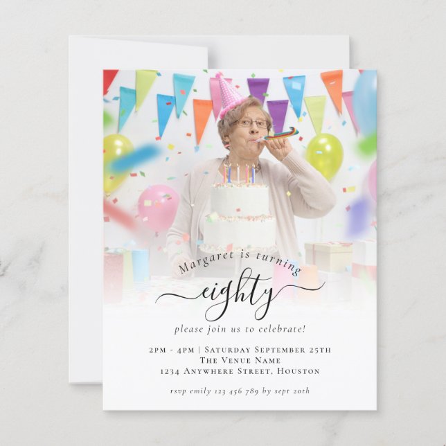 Budget Photo Script 80th Birthday Party Invitation (Front)