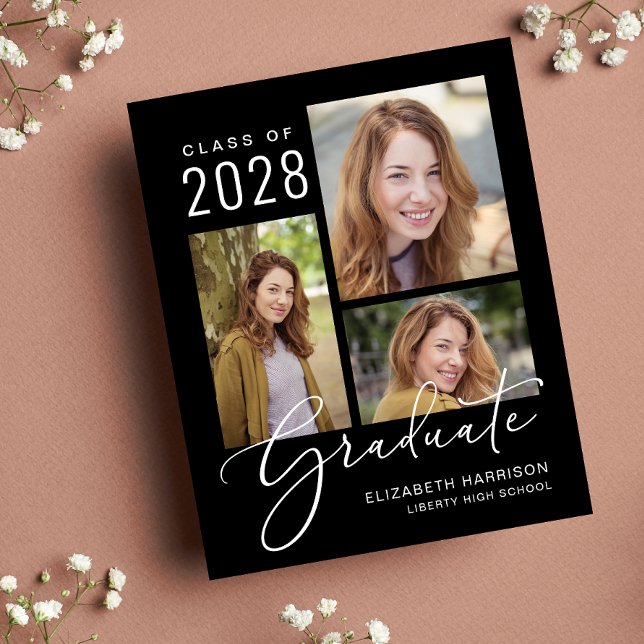 Budget Photo Script Black Graduation Announcement (An elegant photo collage graduation announcement to celebrate the graduate's achievements)