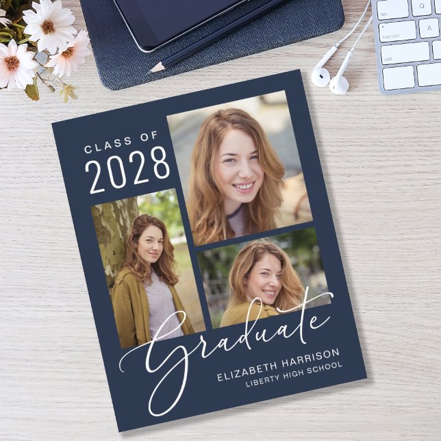 Budget Photo Script Blue Graduation Announcement (An elegant photo collage graduation announcement to celebrate the graduate's achievements)