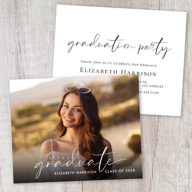Budget Photo Script Graduation Party Invitation (A personalized photo graduation party invitation to celebrate the graduate's achievements)