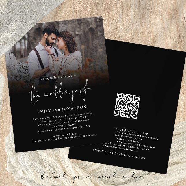 Budget Photo Script QR Code Wedding Black Invite (Budget Price Wedding Invitations with custo photo and black overlay)
