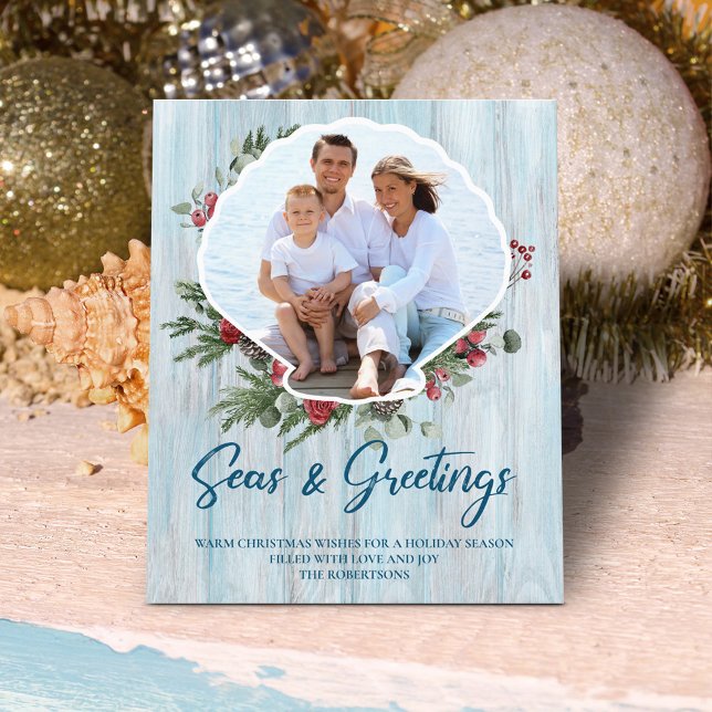 Budget Photo Seashell Seas Greetings Holiday Card (Creator Uploaded)