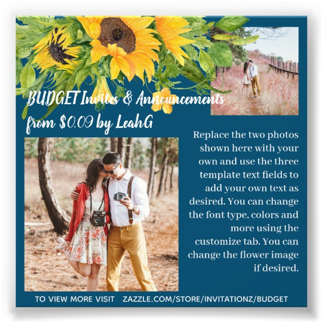 BUDGET Photo Sunflower Text Template Invites  ANY Print (Front)