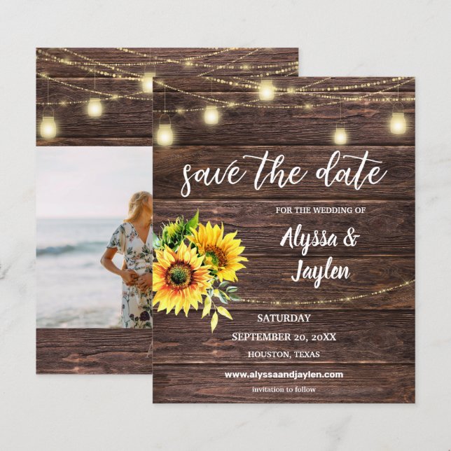 Budget Photo Sunflower Wood & Lights Save the Date (Front/Back)