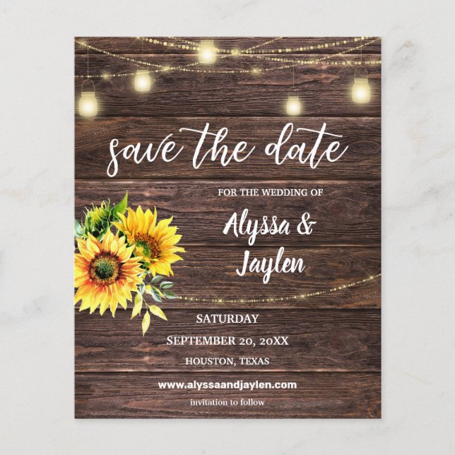 Budget Photo Sunflower Wood & Lights Save the Date Flyer (Front)