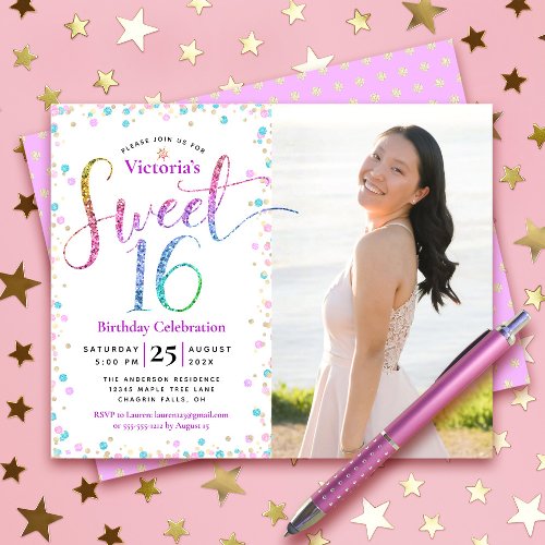 Budget Photo Sweet 16 Rainbow Glitter Dots Invite 