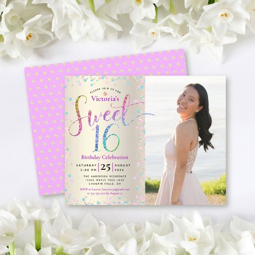 Budget Photo Sweet 16 Rainbow Glitter Gold Invite 