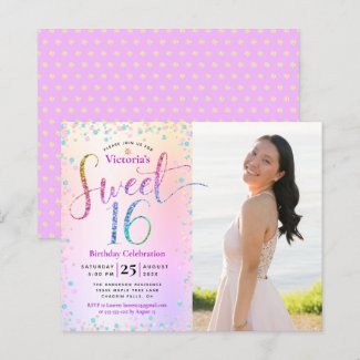 Budget Photo Sweet 16 Rainbow Glitter Invitation