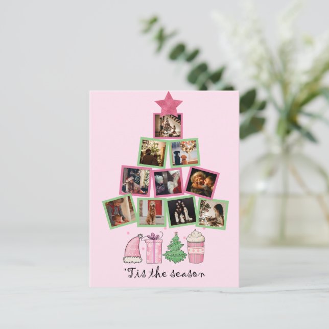 Budget Photo Tis the Season Pink & Green Christmas Postcard (Standing Front)