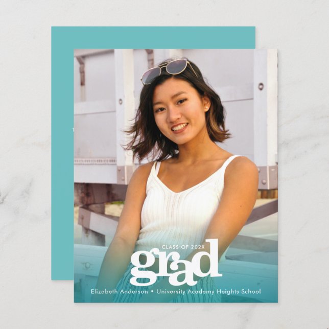 Budget photo turquoise blue graduation bold invite (Front/Back)