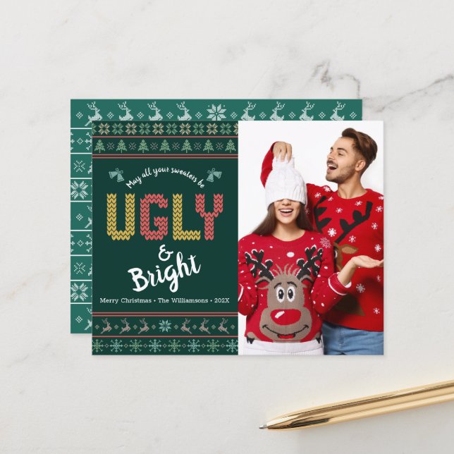 Budget Photo Ugly Sweater Christmas Green Card (Front/Back In Situ)