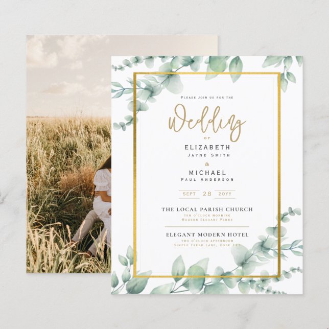 BUDGET Photo Wedding Invitation Botanical Greenery (Front/Back)