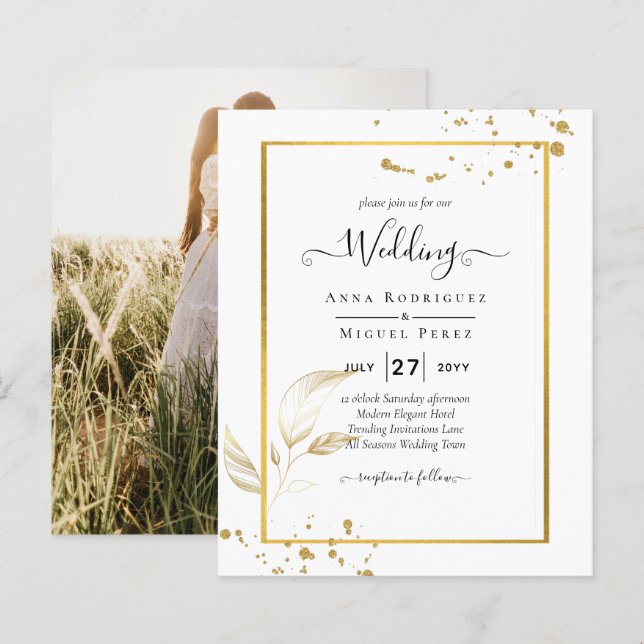 Budget Photo Wedding Invitation Classic White GOLD (Front/Back)