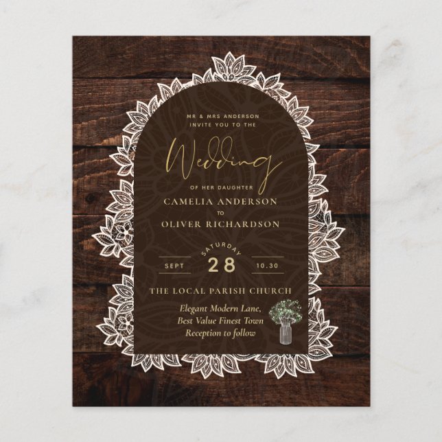Budget Photo Wedding Invitation Rustic Lace Wood Flyer (Front)