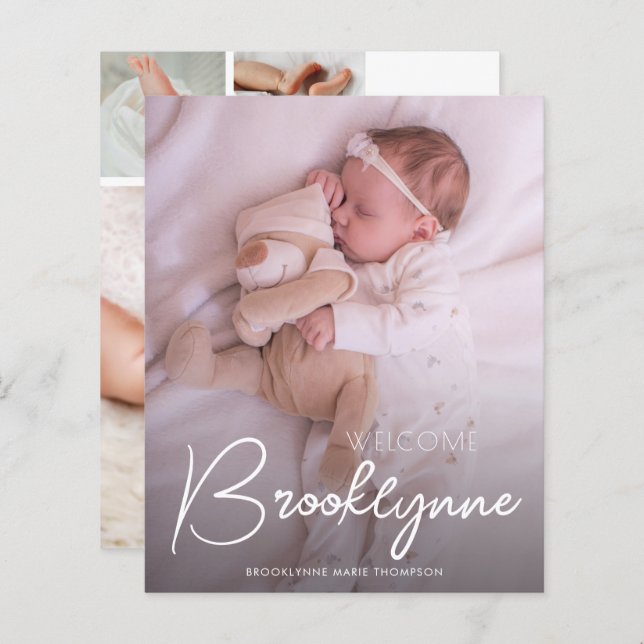 Budget Photo White Script Birth Announcement (Front/Back)