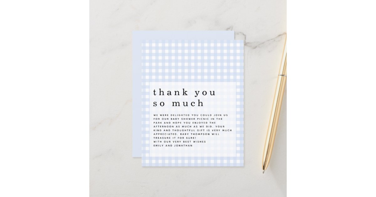 Budget Picnic Baby Shower Blue Gingham Thank You Zazzle