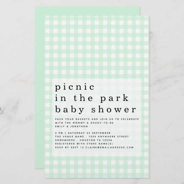 Budget Picnic Park Baby Shower Green Gingham (Front/Back)