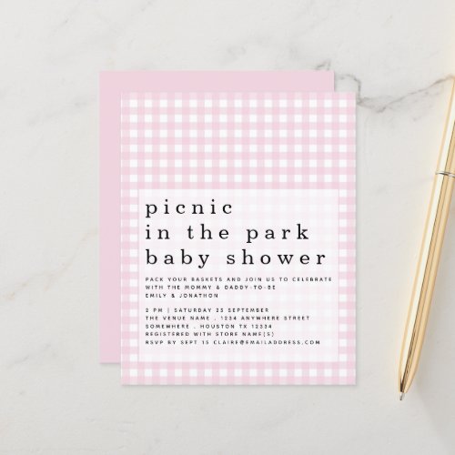 Budget Picnic Park Baby Shower Pink Gingham Invite
