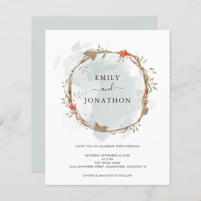 Budget Pine Berries Christmas Wedding Invitation (Front/Back)