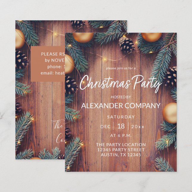 Budget Pine & Gold Ornament Rustic Christmas Party (Front/Back)