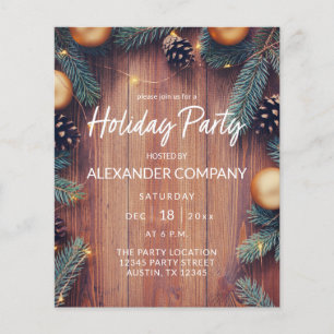 Budget Pine & Gold Ornament Rustic Holiday Party F Flyer