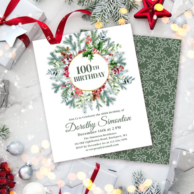 Budget Pine Holly Berry 100th Birthday Invitation (Need a matching welcome sign? Maybe napkins or paper plates. Something else? Message me!)