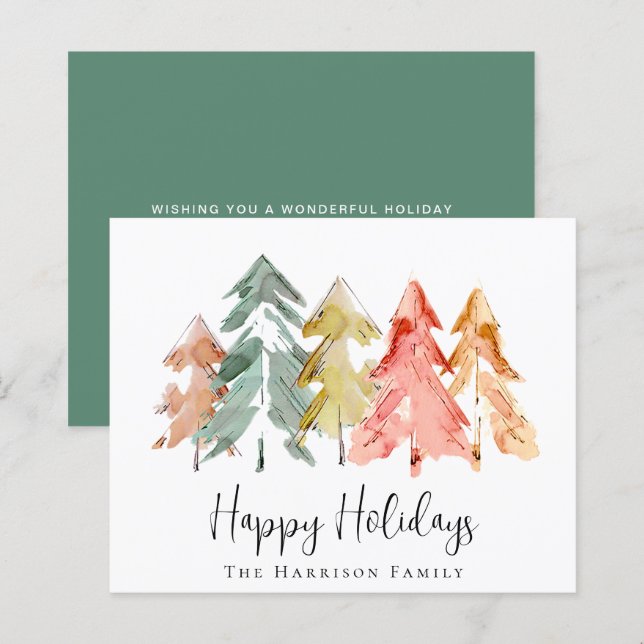 Budget Pine Tree Watercolors Sage Christmas Card (Front/Back)