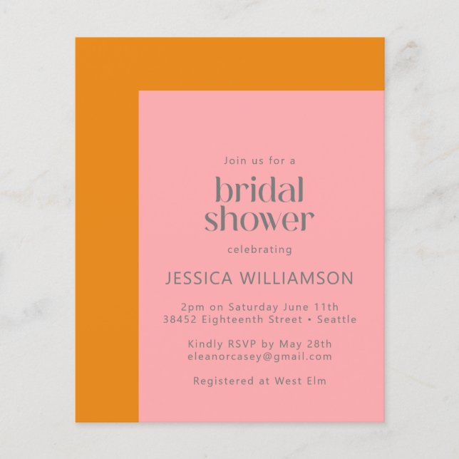 Budget Pink and Orange Bridal Shower Invitation (Front)