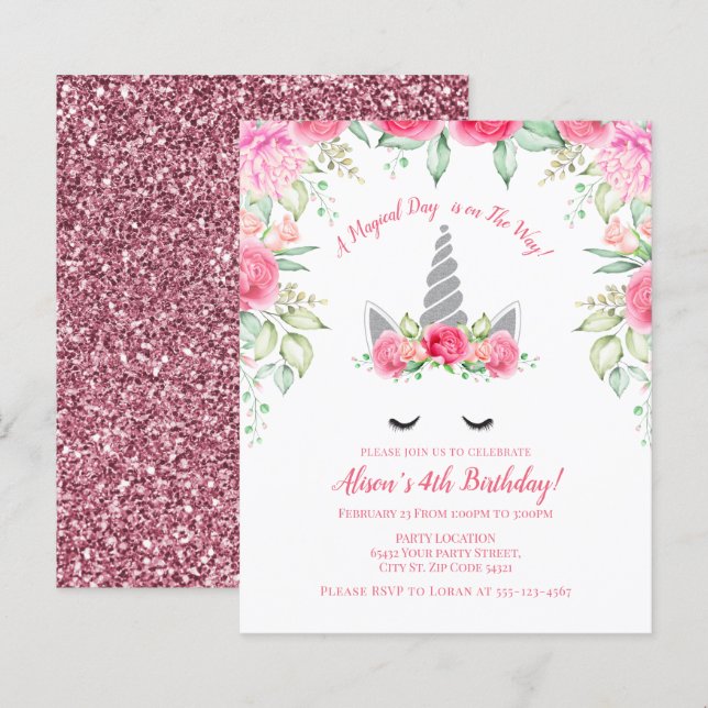 Budget Pink and Silver Glitter Unicorn Birthday (Front/Back)