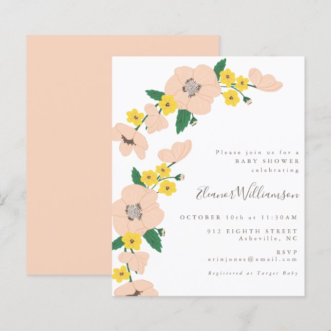 Budget Pink and Yellow Floral Baby Shower Invite (Front/Back)