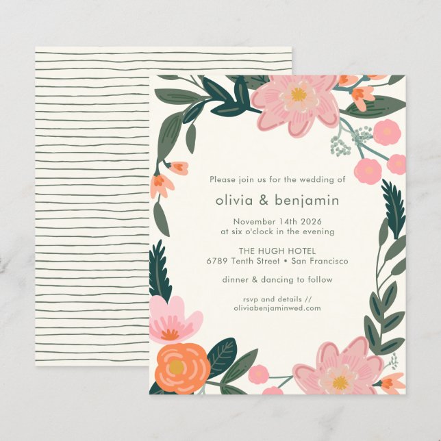 Budget Pink Backyard Garden Floral Wedding Invite (Front/Back)
