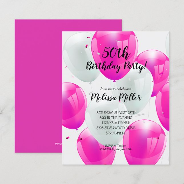 Budget Pink Balloons Birthday Party Invitations (Front/Back)