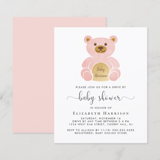 Budget Pink Bear Drive By Baby Shower Invitation (Front/Back)