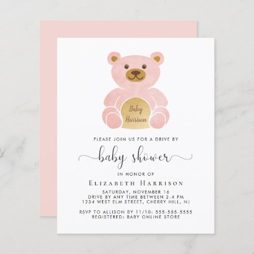 Budget Pink Bear Drive By Baby Shower Invitation