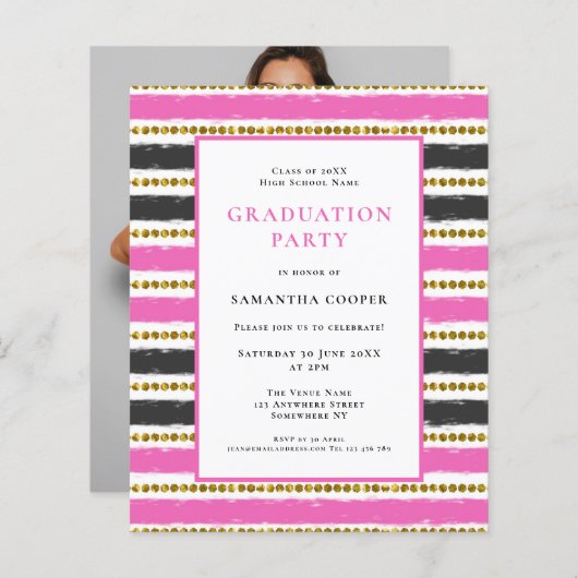 Budget Pink Black Stripe Graduation Invitation (Front/Back)