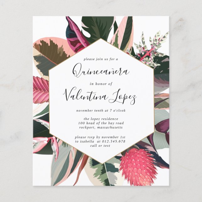 Budget Pink Black Tropical Quinceanera Invitation (Front)