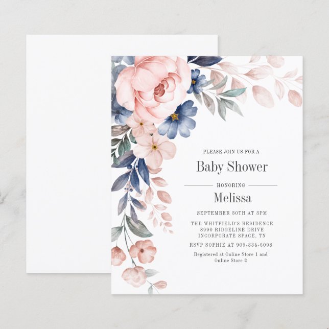 Budget Pink Blue Floral Baby Shower Invitation (Front/Back)