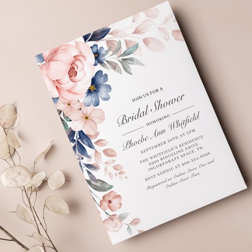 Budget Pink Blue Floral Bridal Shower Invitation