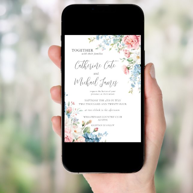 Budget Pink & Blue Floral Elegant Wedding Invitation (Front Digital)
