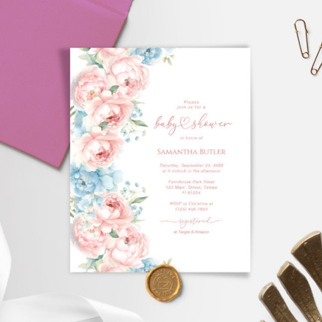 Budget Pink & Blue Flowers Baby Shower Invitation (Creator Uploaded)