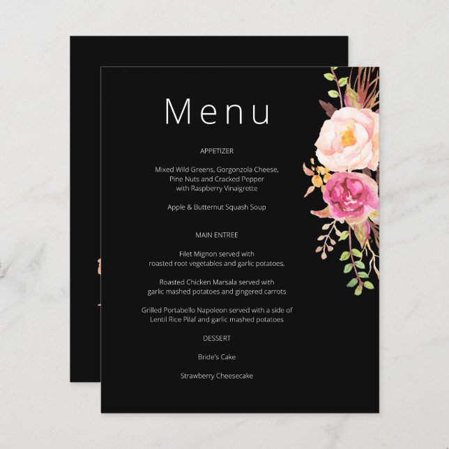 Budget Pink Blush Blooming Floral Menu- Black (Front/Back)