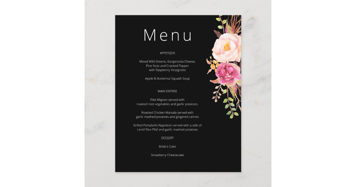 Budget Pink Blush Blooming Floral Menu- Black Flyer | Zazzle