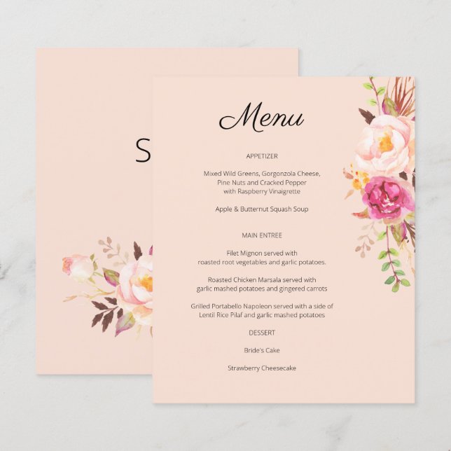 Budget Pink Blush Blooming Floral Menu- Pink (Front/Back)