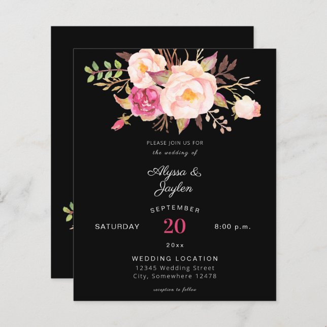 Budget Pink Blush Floral Black Wedding (Front/Back)